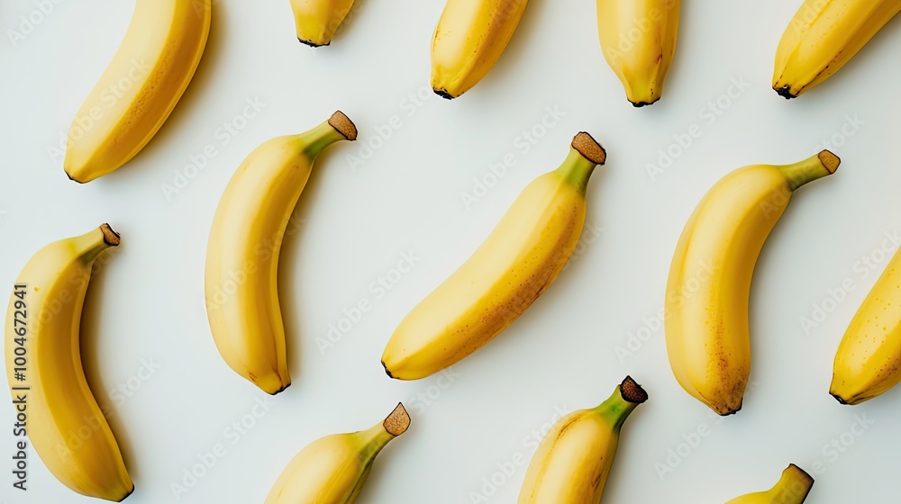 A bunch of ripe yellow bananas arranged neatly on a seamless white background, showcasing their natural color and fresh appeal. A bunch of ripe yellow bananas arranged neatly on a seamless white background, showcasing their natural color and fresh appeal.