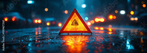 Close-up of an emergency triangle sign on the road at night in heavy rain, with reflections and blurred lights in the background.