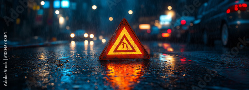 Close-up of an emergency triangle sign on the road at night in heavy rain, with reflections and blurred lights in the background.