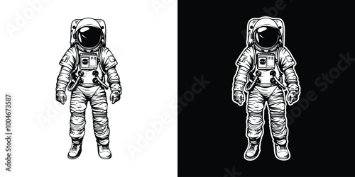 Vintage engraving style astronaut cosmic character in helmet and suit decoration