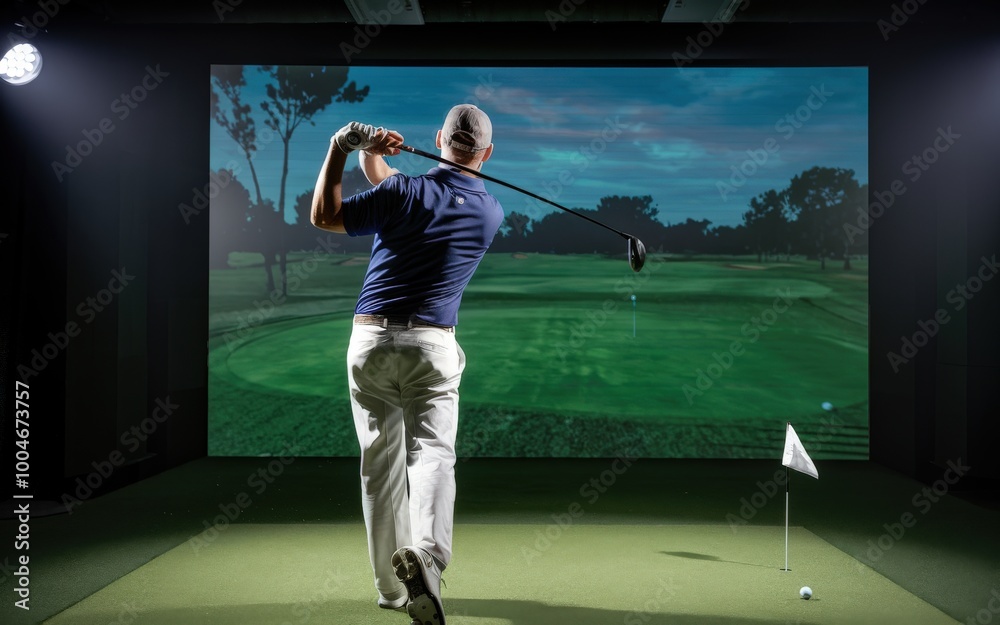 Man in golf simulator hitting a drive with a full swing Man in golf simulator hitting a drive with a full swing
