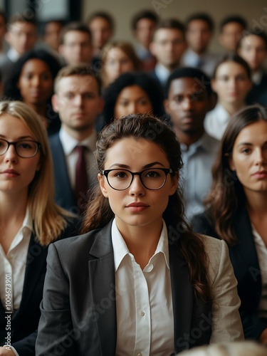 Group of businesspeople attending a conference, emphasizing focus.