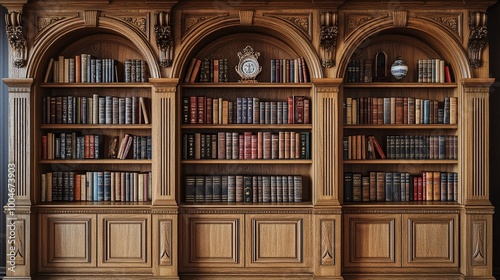 Wallpaper Mural traditional oak wood bookcase with shelves of hardcover books , providing a vintage and intellectual background Torontodigital.ca