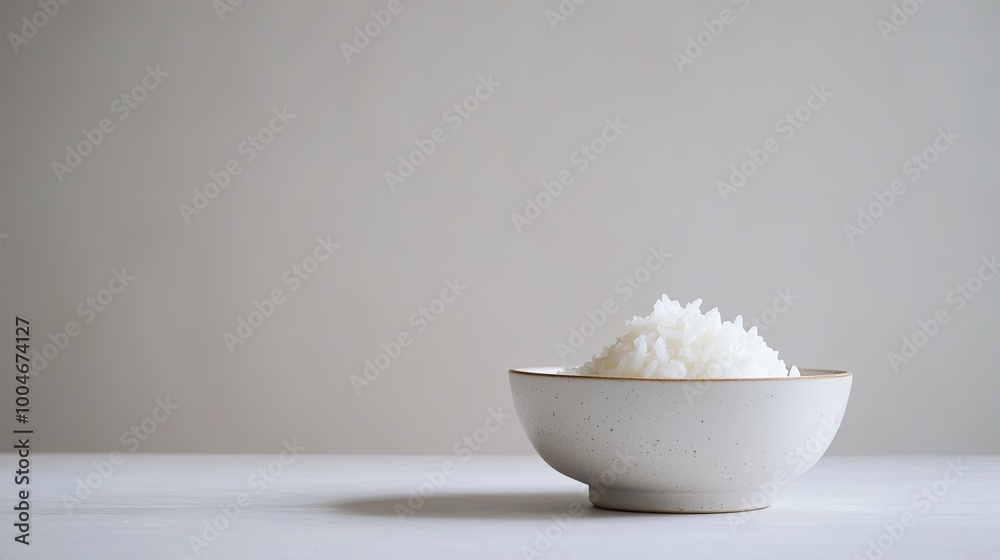 A single bowl of rice placed on a white background, offering a minimalist and pure aesthetic, with the focus on the simplicity of the staple food. A single bowl of rice placed on a white background, offering a minimalist and pure aesthetic, with the focus on the simplicity of the staple food.
