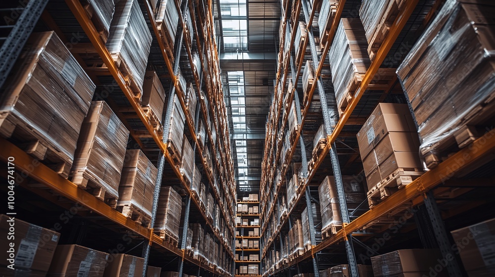 Fototapeta premium modern warehouse interior with optimized logistics , shelving systems , workers and packing stations , designed for efficient order fulfillment and inventory control , showcasing technology