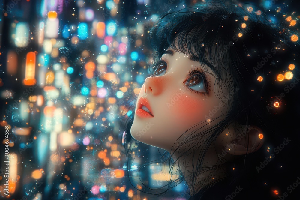 animestyle girl gazing thoughtfully at a vibrant city skyline at night her expression reflecting a mix of sadness and hope neon lights illuminate the scene enhancing the whimsical lofi atmosphere animestyle girl gazing thoughtfully at a vibrant city skyline at night her expression reflecting a mix of sadness and hope neon lights illuminate the scene enhancing the whimsical lofi atmosphere