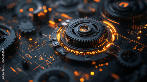  A futuristic design with interlocking gears and glowing highlights. 