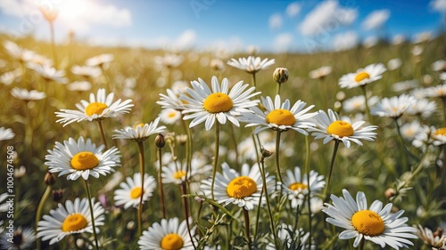 Blurred background image of Flowering chamomile, Blooming chamomile field, Chamomile flowers on a meadow in summer