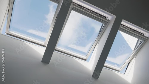 A group of motorized skylights open smoothly, allowing for ventilation of the interior of a modern dwelling