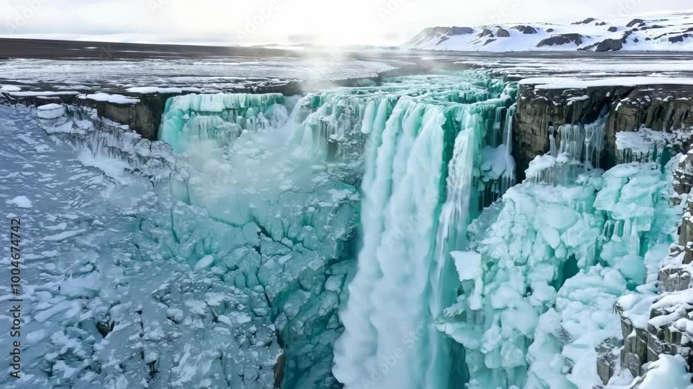 Aerial View of Godafoss: Iceland's Majestic Frozen Waterfall in Winter Aerial View of Godafoss: Iceland's Majestic Frozen Waterfall in Winter