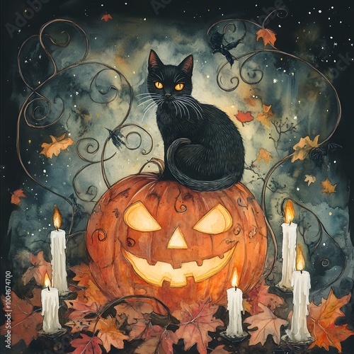 A surreal watercolor of a Halloween black cat with glowing eyes sitting on a pumpkin surrounded by swirling vines candles and enchanted autumn leaves photo