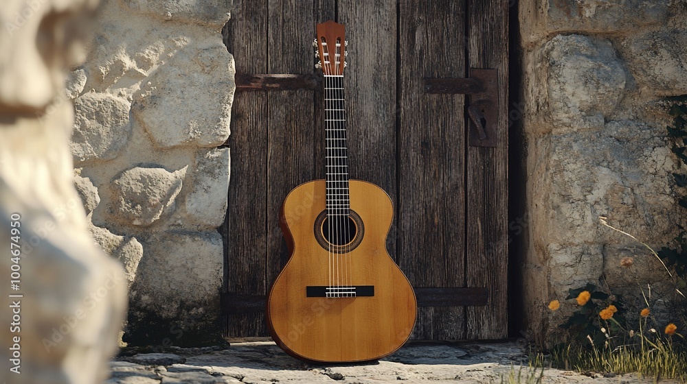 Acoustic guitar leaning against a rustic wooden door with a stone wall background.