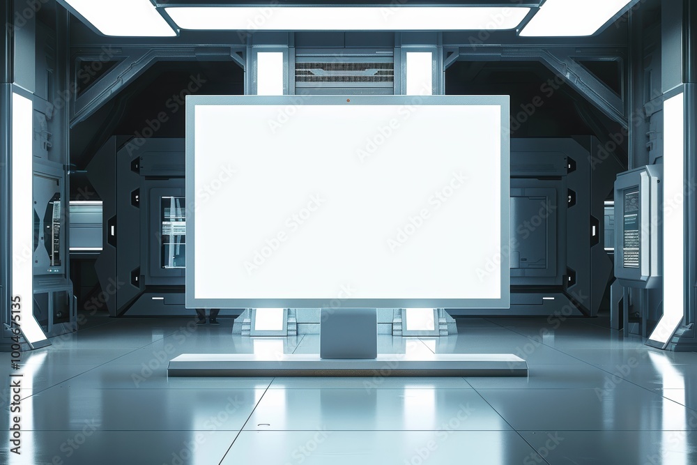 Large white screen in a futuristic office, ideal for your design concepts Large white screen in a futuristic office, ideal for your design concepts