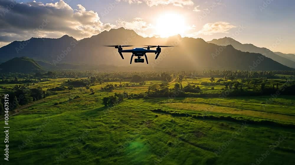 Drone flying over a green valley at sunset, capturing the serene beauty of nature in slow motion Drone flying over a green valley at sunset, capturing the serene beauty of nature in slow motion