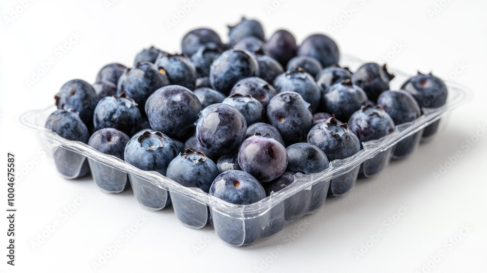 Fresh blueberries in clear plastic packaging, placed on a white background, highlighting the vibrancy and freshness of the product. Fresh blueberries in clear plastic packaging, placed on a white background, highlighting the vibrancy and freshness of the product.