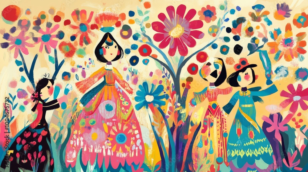 Cultural rituals and traditions illustrated in a vibrant, ethnographic art style, Cultural rituals and traditions illustrated in a vibrant, ethnographic art style,