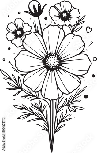 Vector sketch of cosmos flowers. Vector illustration of a Beautiful cosmos flower with a bouquet of yellow cosmos flowers and leaves. vintage floral vector illustration, detailed flower coloring pages