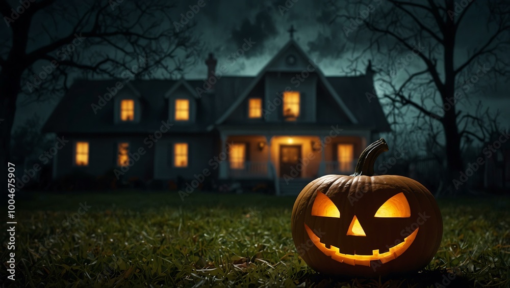 Halloween pumpkin glowing in front of a haunted house.