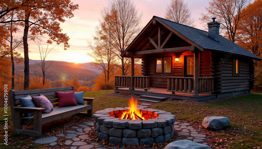 The image is a landscape photograph of a log cabin nestled in a wooded area. The image is a landscape photograph of a log cabin nestled in a wooded area.
