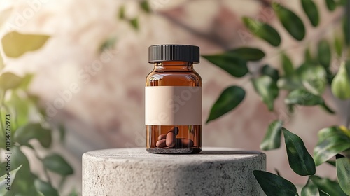 blank label pill bottle standing on a pedestal with a plant in the background representing a drugstore pills mockup showcasing pharmaceutical packaging and healthcare products photo