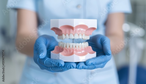 Dentist's hands in blue gloves holding a dental model of a jaw with teeth.