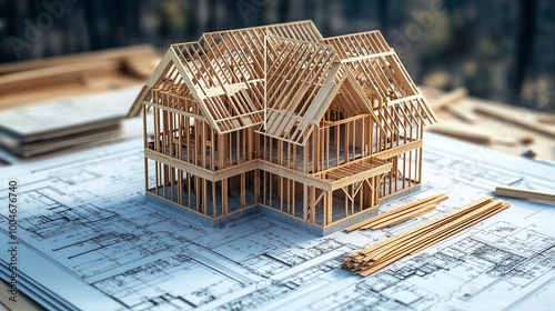 architectural design and construction process of a new residential house with wooden framing erected and a blueprint project laid out on a worktable showcasing home building photo