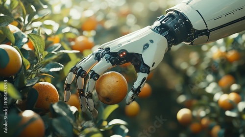 smart agriculture innovation with an advanced robotic arm equipped with AI technology and sensors selectively picking ripe fruit from trees in an orchard for efficient farming photo