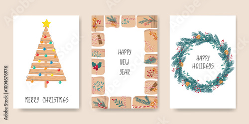 Set of Eco Christmas Backgrounds with handmade Decorations. Gift in craft paper, wooden Christmas Tree, wreath from Pine Fir branches. Winter Hew year Holidays greeting Cards
