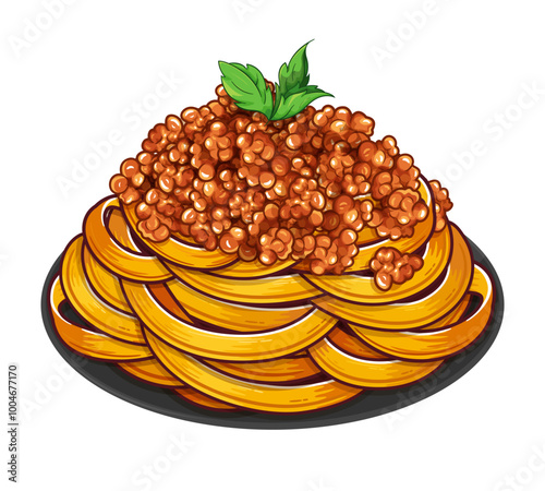 Tagliatelle Bolognese Pasta illustration vector. 
Italian Pasta Dish with Fresh Egg Noodles, Rich Meat Sauce, and Parmesan Cheese Isolated. 
Tagliatelle Bolognese Pasta with Meat Sauce Menu. 