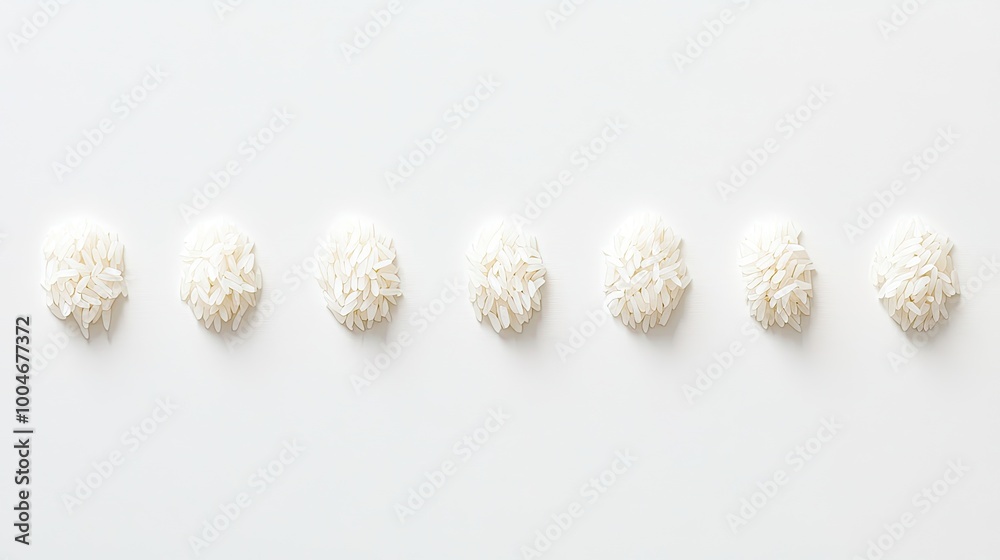 Rice grains elegantly arranged in a line on a white background, showcasing their clean, polished appearance and the simplicity of the product. Rice grains elegantly arranged in a line on a white background, showcasing their clean, polished appearance and the simplicity of the product.