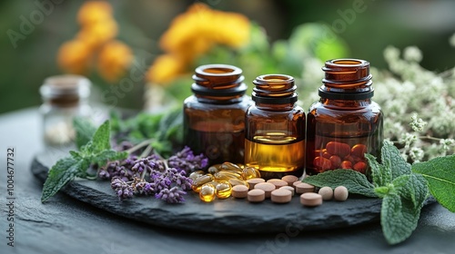 herbal supplements essential oils and organic ingredients used in natural homeopathic remedies for illness symbolizing a holistic approach to health and wellness photo