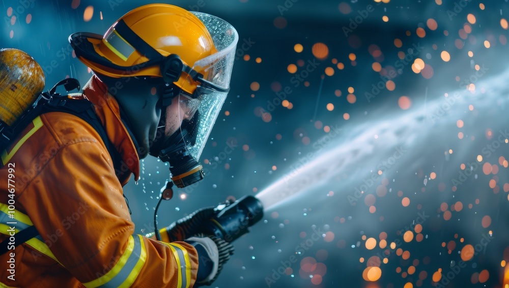 Firefighter fighting a fire with a water spray, dynamic action photography, dark background, high contrast, fire particles, wide shot Firefighter fighting a fire with a water spray, dynamic action photography, dark background, high contrast, fire particles, wide shot