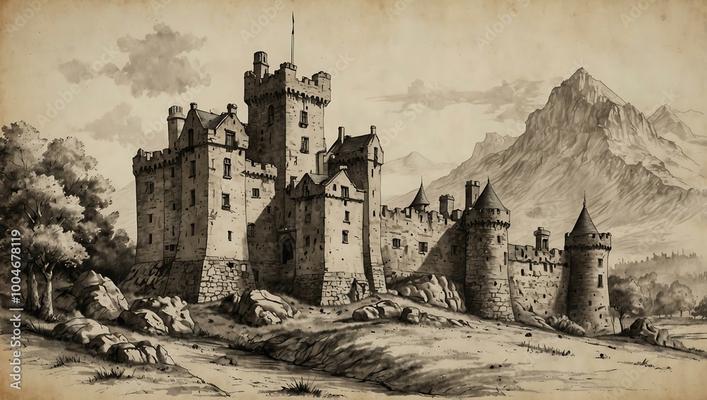 Hand-drawn sketch of a Scottish castle with a focus on towers. Hand-drawn sketch of a Scottish castle with a focus on towers.