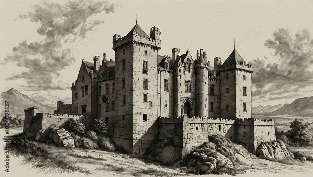 Hand-drawn sketch of a Scottish castle with a focus on towers.