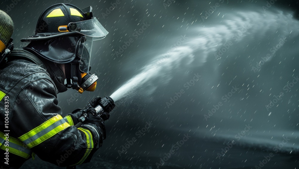 Firefighter fighting a fire with a water spray, dynamic action photography, dark background, high contrast, fire particles, wide shot Firefighter fighting a fire with a water spray, dynamic action photography, dark background, high contrast, fire particles, wide shot