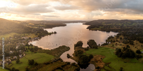 Fototapeta Naklejka Na Ścianę i Meble -  Aerial panoramic view of Lake Windermere from the Water Head area of Ambleside at sunrise