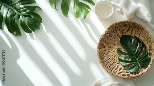 Flat lay of tropical leaves, a wicker basket, and a white mug on a white background.