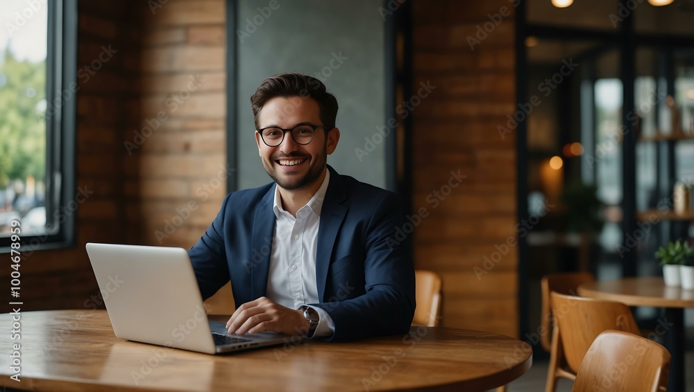 Happy businessman working on a laptop at a cafe. Happy businessman working on a laptop at a cafe.