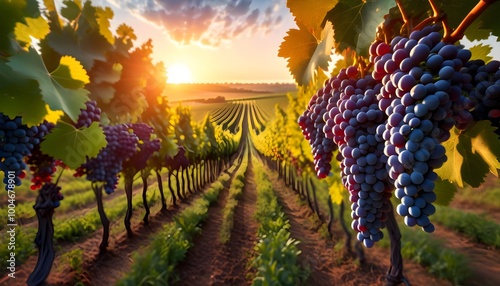 Sun-kissed grapes hanging on a vine, showcasing viticultures beauty and landscape against a breathtaking sunset photo