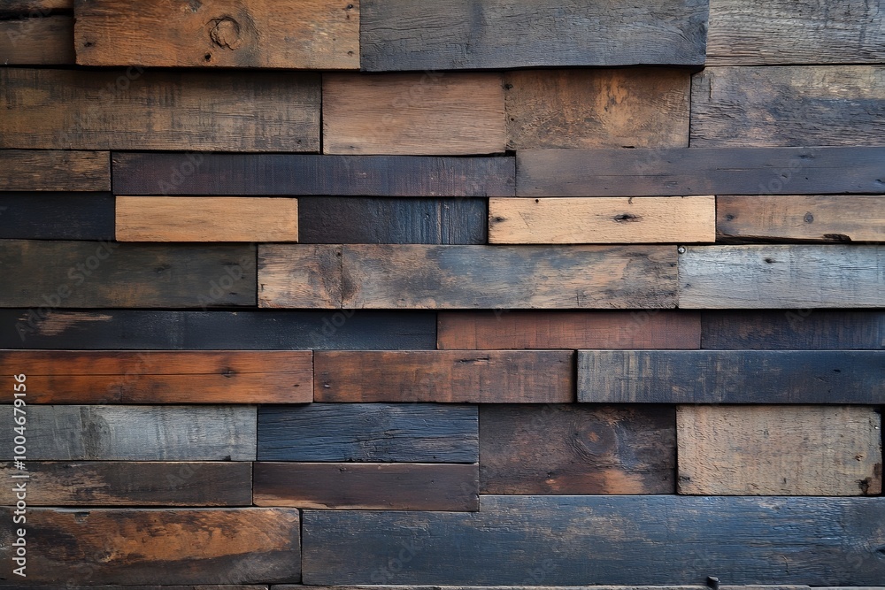 Naklejka premium Repurposed and Varied Widths Timber Wall with Gritty Rustic Textures in a Contemporary Urban Modern Loft Design Interior