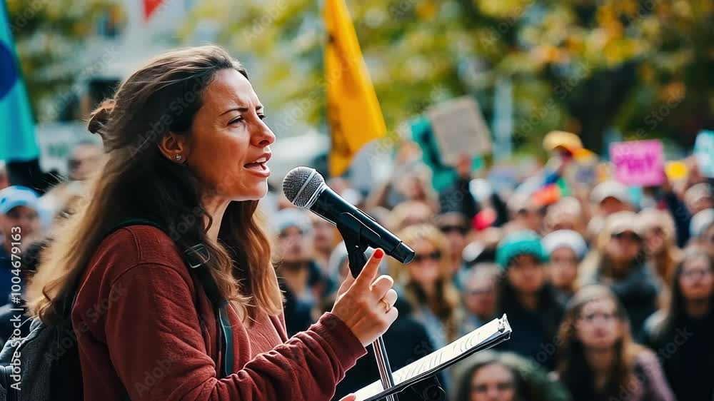 Activist passionately delivers a speech about climate change at a protest, engaging the crowd with powerful messages