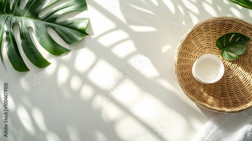 White background with tropical leaves, a wicker basket, a white bowl, and sunlight casting shadows.