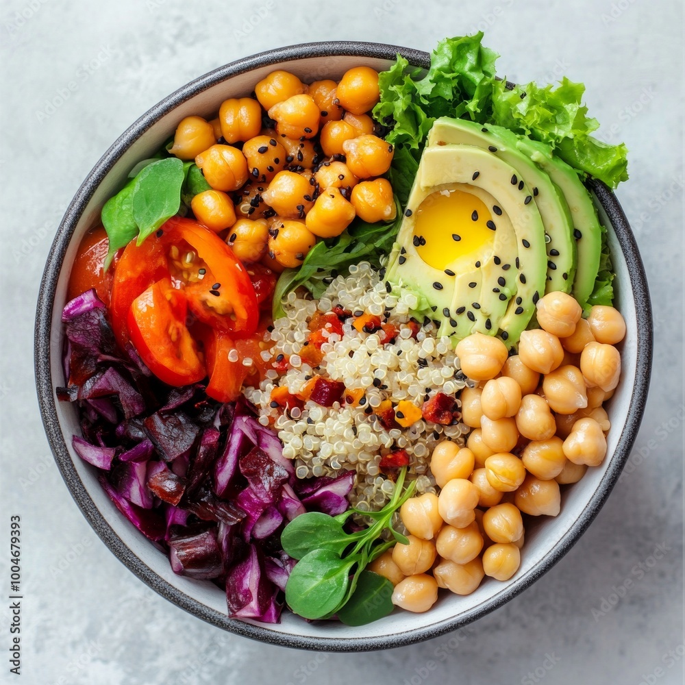 A vibrant bowl of healthy ingredients featuring quinoa, chickpeas, fresh vegetables, and avocado. This colorful dish is perfect for a nutritious meal. Enjoy a balanced diet full of flavor. AI