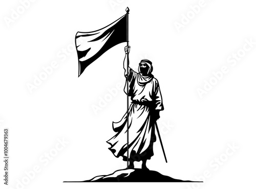 Cartoon illustration for an Arabian man raising a blank flag template colouring page design