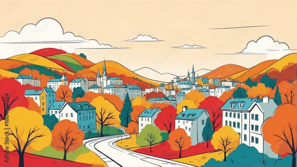 Minimalist illustration of autumn town Minimalist illustration of autumn town