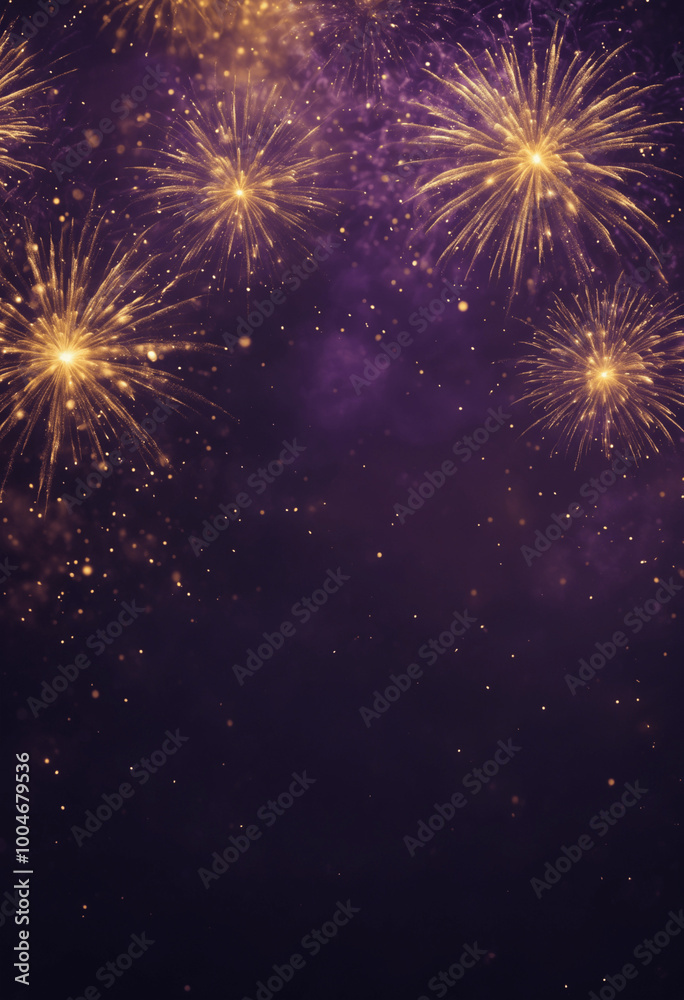Dark violet and gold fireworks with bokeh on new year's eve, featuring copy space in an abstract holiday background Dark violet and gold fireworks with bokeh on new year's eve, featuring copy space in an abstract holiday background
