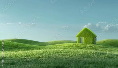 Green house in grass, green roof, green walls, sunlight shining on it, bright sky, 3d rendering, concept of eco-friendly home and environment protection