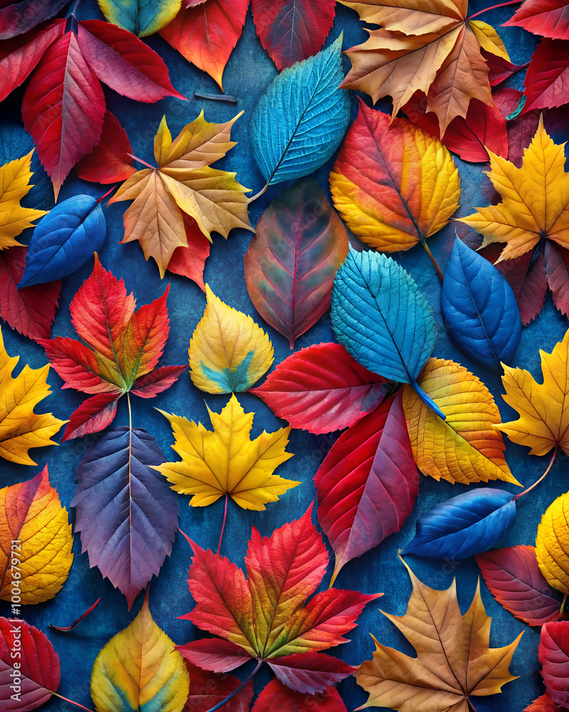 Autumn Foliage in Red, Blue, Yellow Tones, Nature Inspired Design, Artistic Pattern for Autumn Themed Creative Projects and Decor Autumn Foliage in Red, Blue, Yellow Tones, Nature Inspired Design, Artistic Pattern for Autumn Themed Creative Projects and Decor