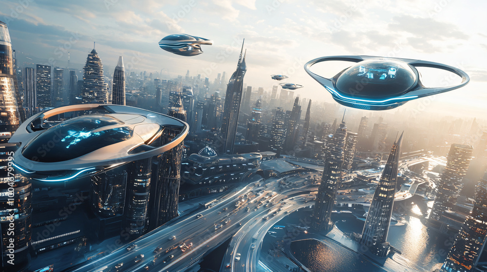  A futuristic city skyline with AI-controlled flying cars. 