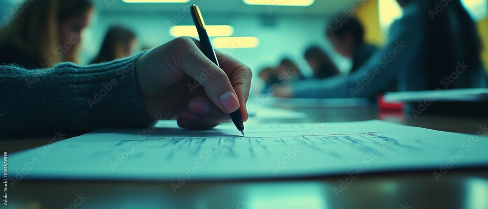 Obraz premium a student taking an educational admission test in a university classroom. close-up of the student's hand as they write answers on the test paper